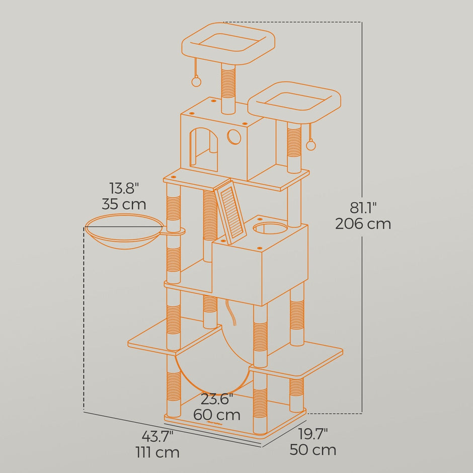 XL Cat Tree Tower – Engineered Wood – Cream White – 13 Scratching Posts, 2 Perches, and Hammock for Multi-Cat Households