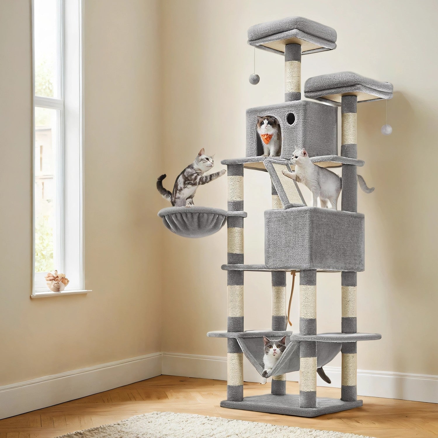 XL Cat Tree Tower – Wood & Fabric – Light Grey – 13 Scratching Posts, 2 Perches, Hammock for Multi-Cat Households