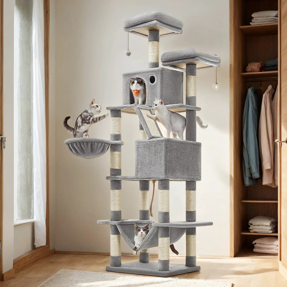 XL Cat Tree Tower – Wood & Fabric – Light Grey – 13 Scratching Posts, 2 Perches, Hammock for Multi-Cat Households