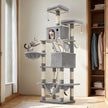 XL Cat Tree Tower – Wood & Fabric – Light Grey – 13 Scratching Posts, 2 Perches, Hammock for Multi-Cat Households