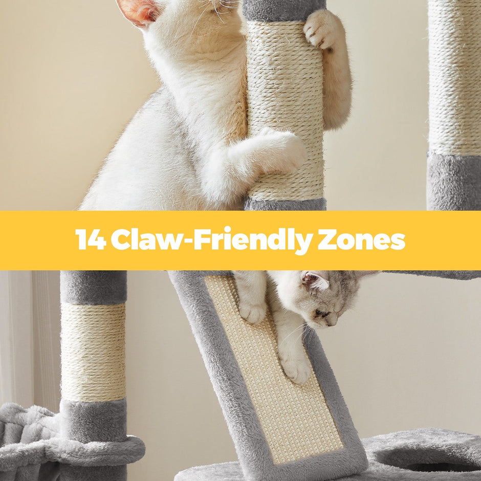 XL Cat Tree Tower – Wood & Fabric – Light Grey – 13 Scratching Posts, 2 Perches, Hammock for Multi-Cat Households