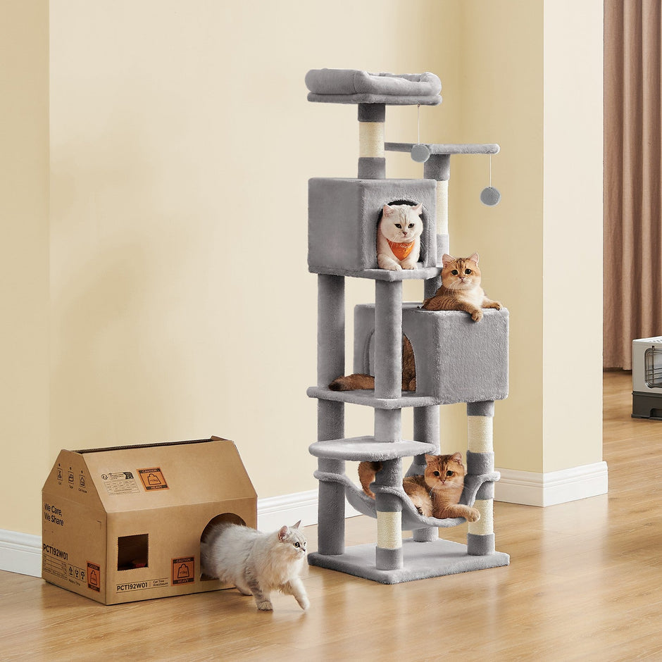 Cat Tree – Plush – Light Gray – 155 cm Multi-Level Cat Condo for Indoor Cats