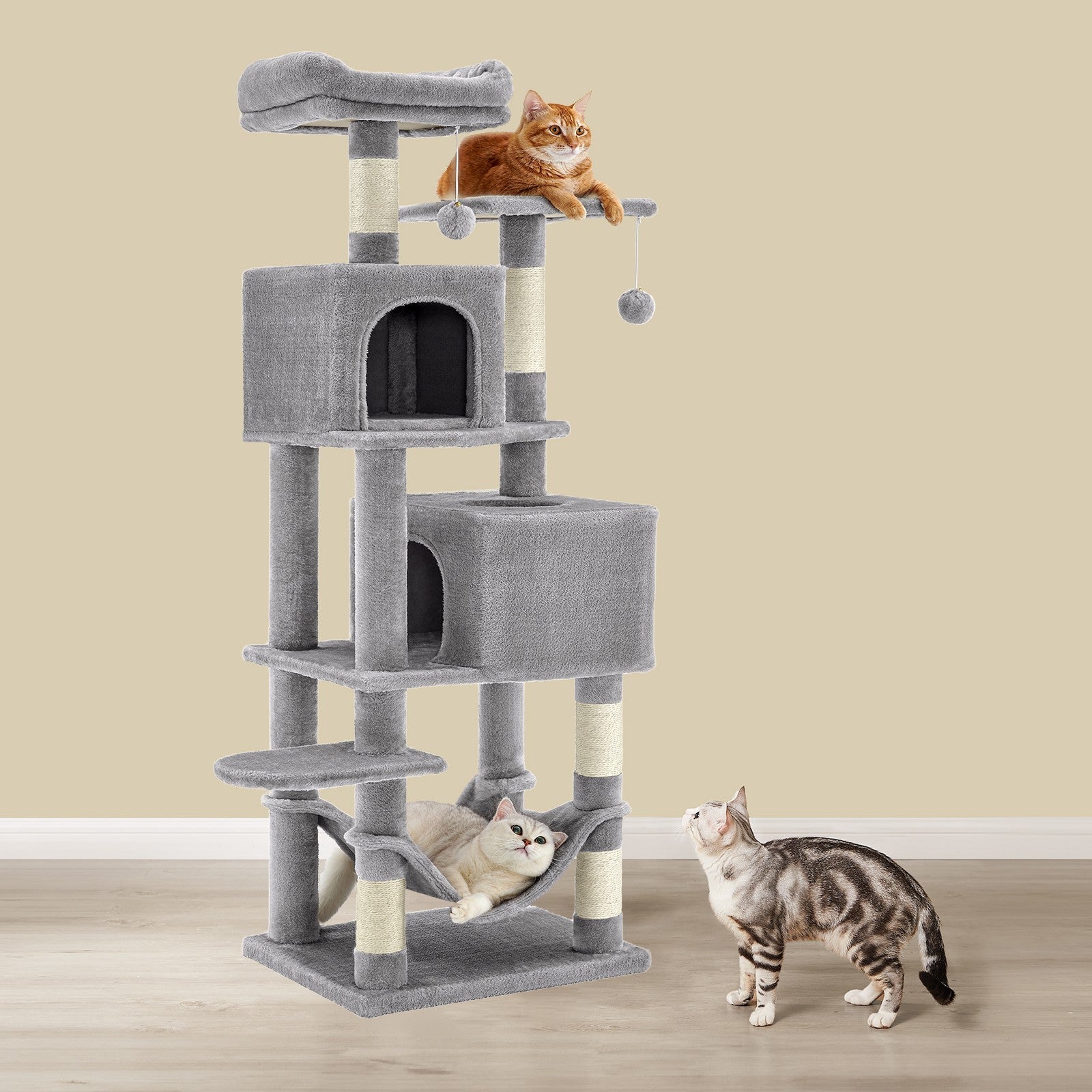 Cat Tree – Plush – Light Gray – 155 cm Multi-Level Cat Condo for Indoor Cats