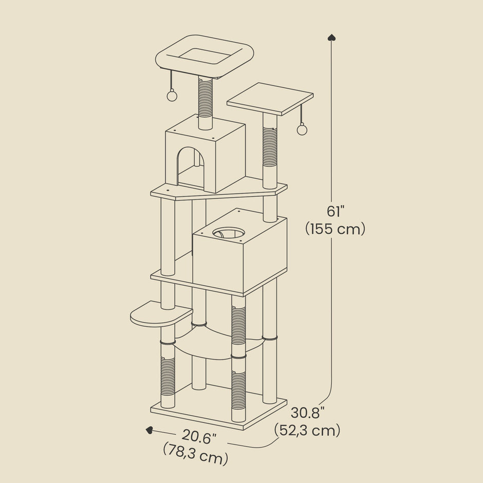 Cat Tree – Plush – Light Gray – 155 cm Multi-Level Cat Condo for Indoor Cats