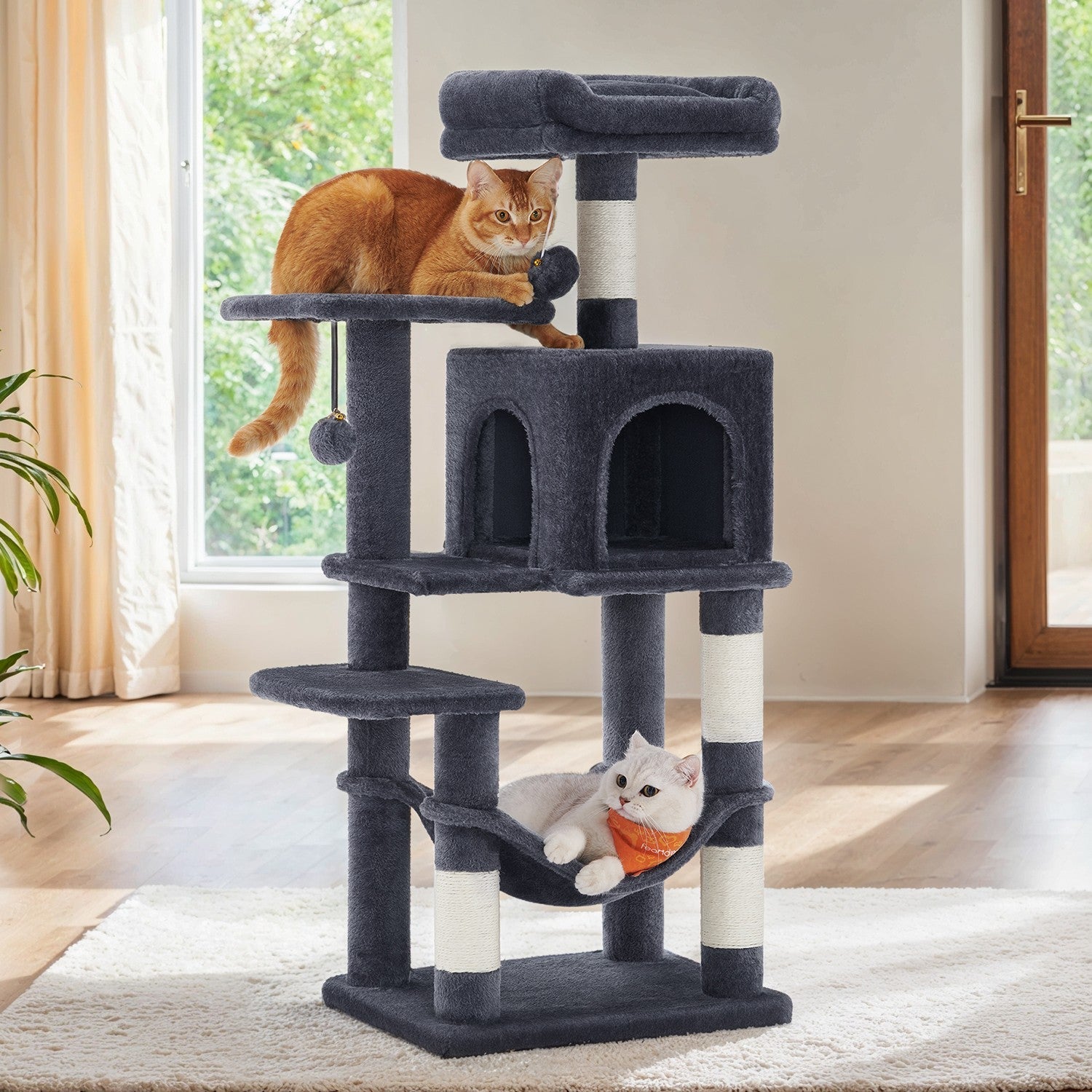 Multi-Level Cat Tree – Engineered Wood – Light Gray/Smoky Gray/Beige/Cream White – Includes 4 Scratching Posts and Hammock