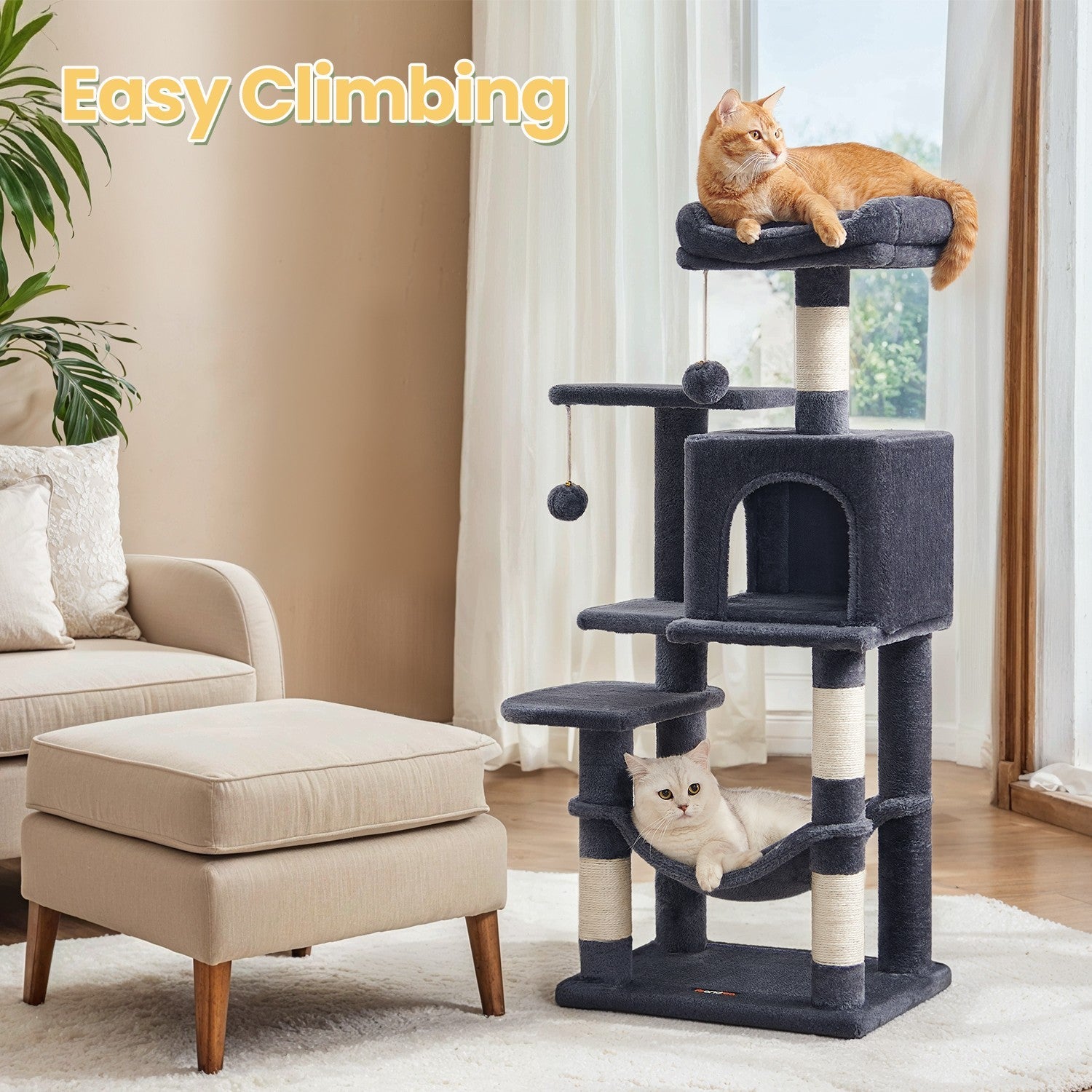 Multi-Level Cat Tree – Engineered Wood – Light Gray/Smoky Gray/Beige/Cream White – Includes 4 Scratching Posts and Hammock