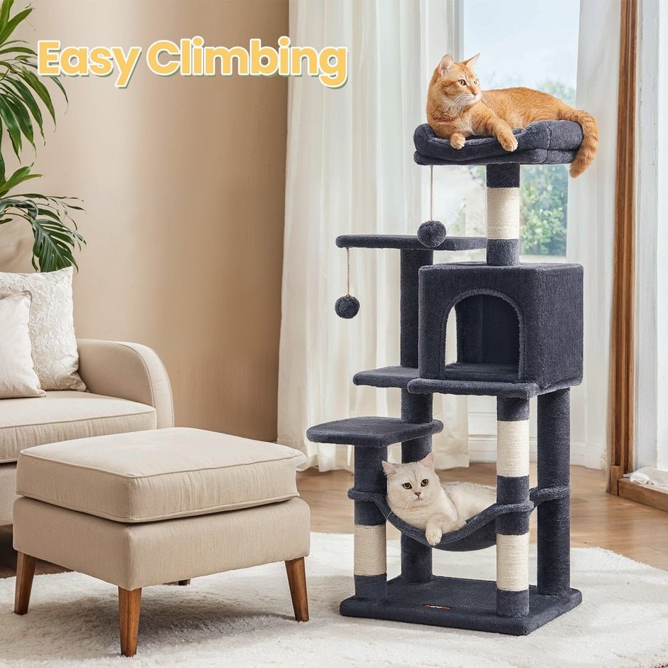 Multi-Level Cat Tree – Engineered Wood – Light Gray/Smoky Gray/Beige/Cream White – Includes 4 Scratching Posts and Hammock