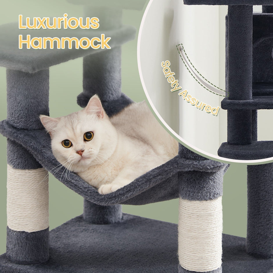 Multi-Level Cat Tree – Engineered Wood – Light Gray/Smoky Gray/Beige/Cream White – Includes 4 Scratching Posts and Hammock