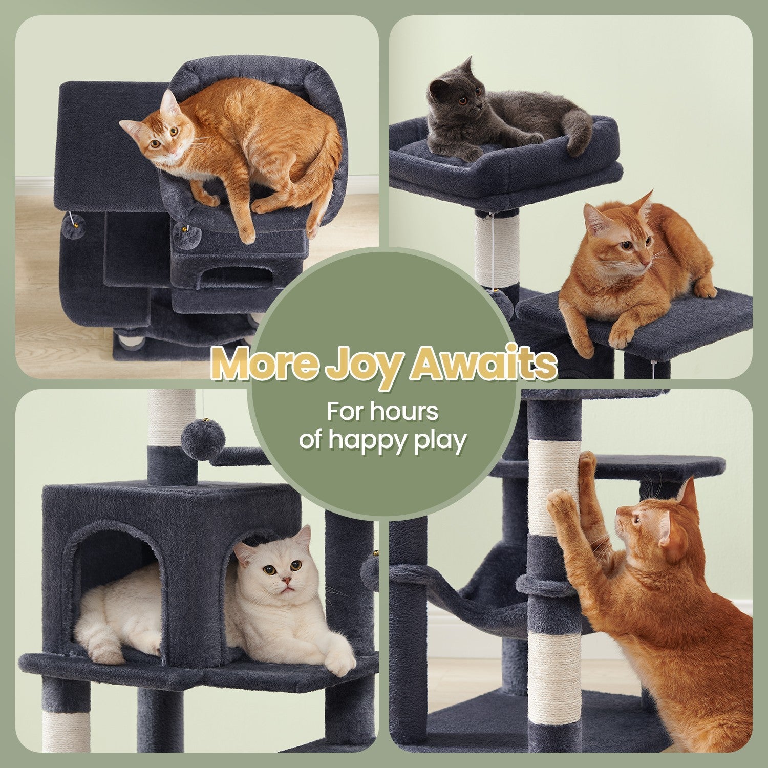 Multi-Level Cat Tree – Engineered Wood – Light Gray/Smoky Gray/Beige/Cream White – Includes 4 Scratching Posts and Hammock