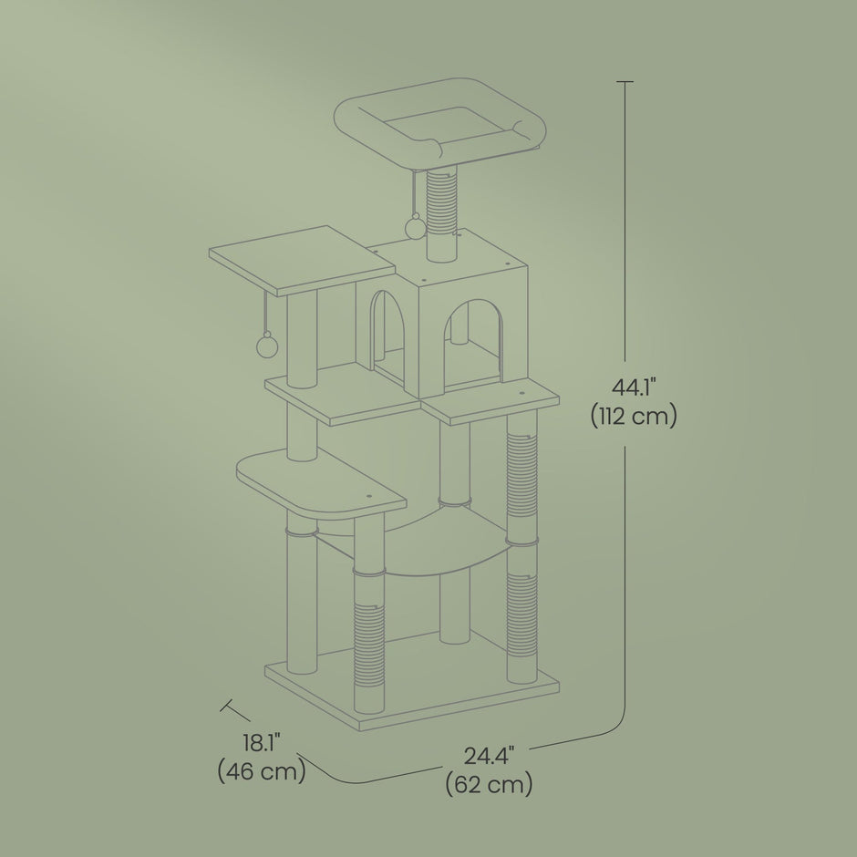 Multi-Level Cat Tree – Engineered Wood – Light Gray/Smoky Gray/Beige/Cream White – Includes 4 Scratching Posts and Hammock
