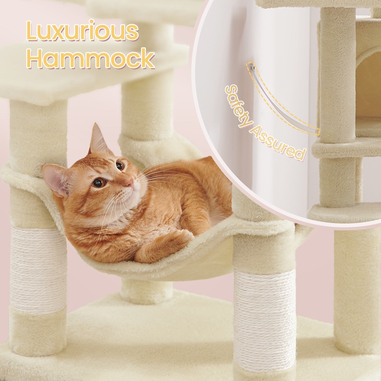 Multi-Level Cat Tree – Engineered Wood – Light Gray/Smoky Gray/Beige/Cream White – Includes 4 Scratching Posts and Hammock