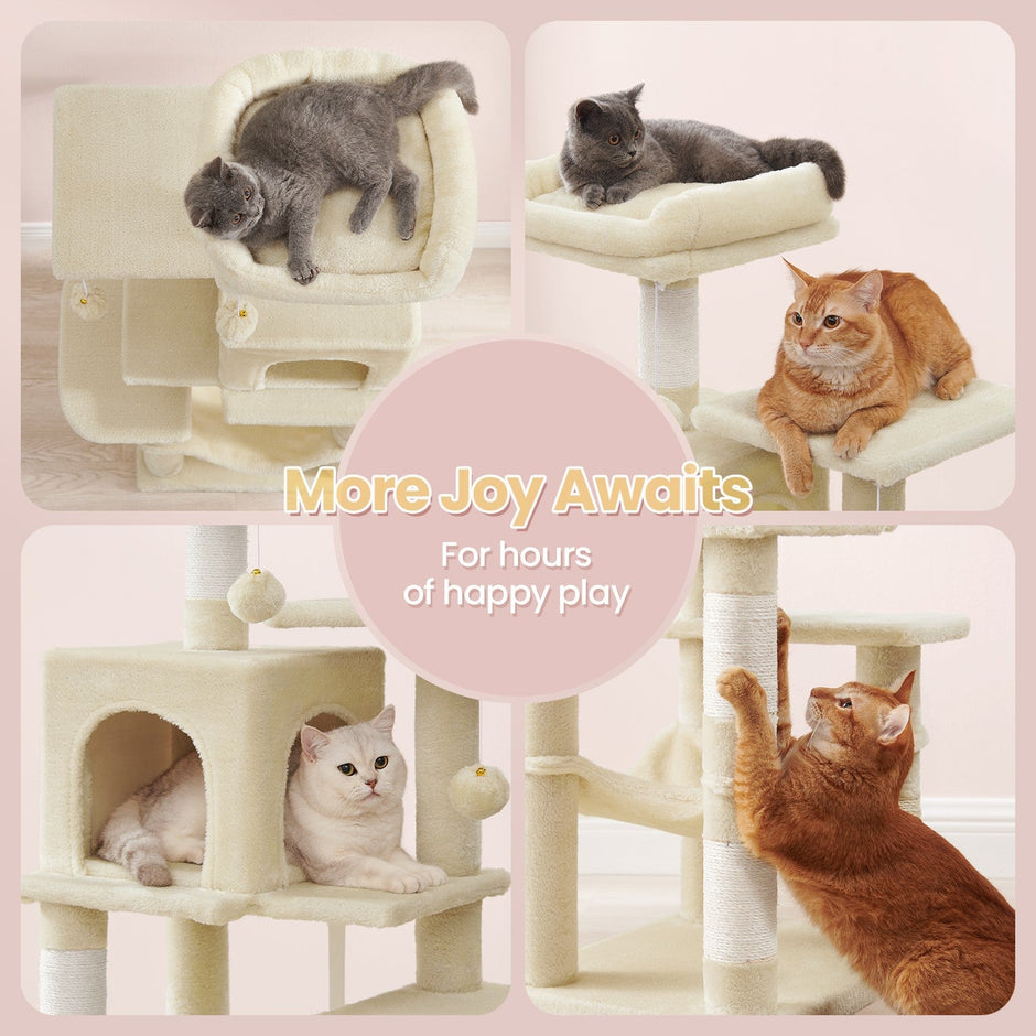 Multi-Level Cat Tree – Engineered Wood – Light Gray/Smoky Gray/Beige/Cream White – Includes 4 Scratching Posts and Hammock