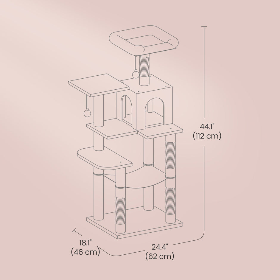 Multi-Level Cat Tree – Engineered Wood – Light Gray/Smoky Gray/Beige/Cream White – Includes 4 Scratching Posts and Hammock