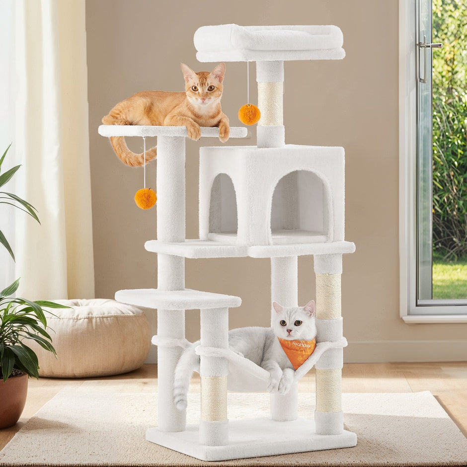 Multi-Level Cat Tree – Engineered Wood – Light Gray/Smoky Gray/Beige/Cream White – Includes 4 Scratching Posts and Hammock