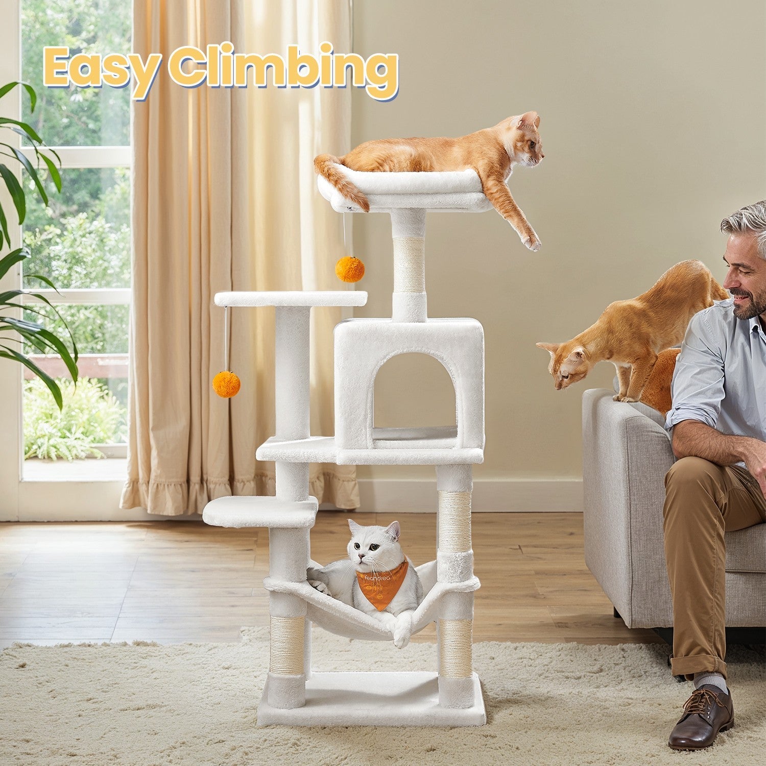 Multi-Level Cat Tree – Engineered Wood – Light Gray/Smoky Gray/Beige/Cream White – Includes 4 Scratching Posts and Hammock
