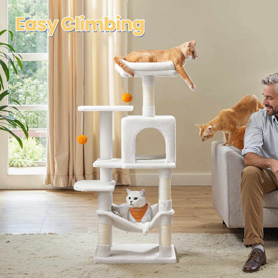Multi-Level Cat Tree – Engineered Wood – Light Gray/Smoky Gray/Beige/Cream White – Includes 4 Scratching Posts and Hammock