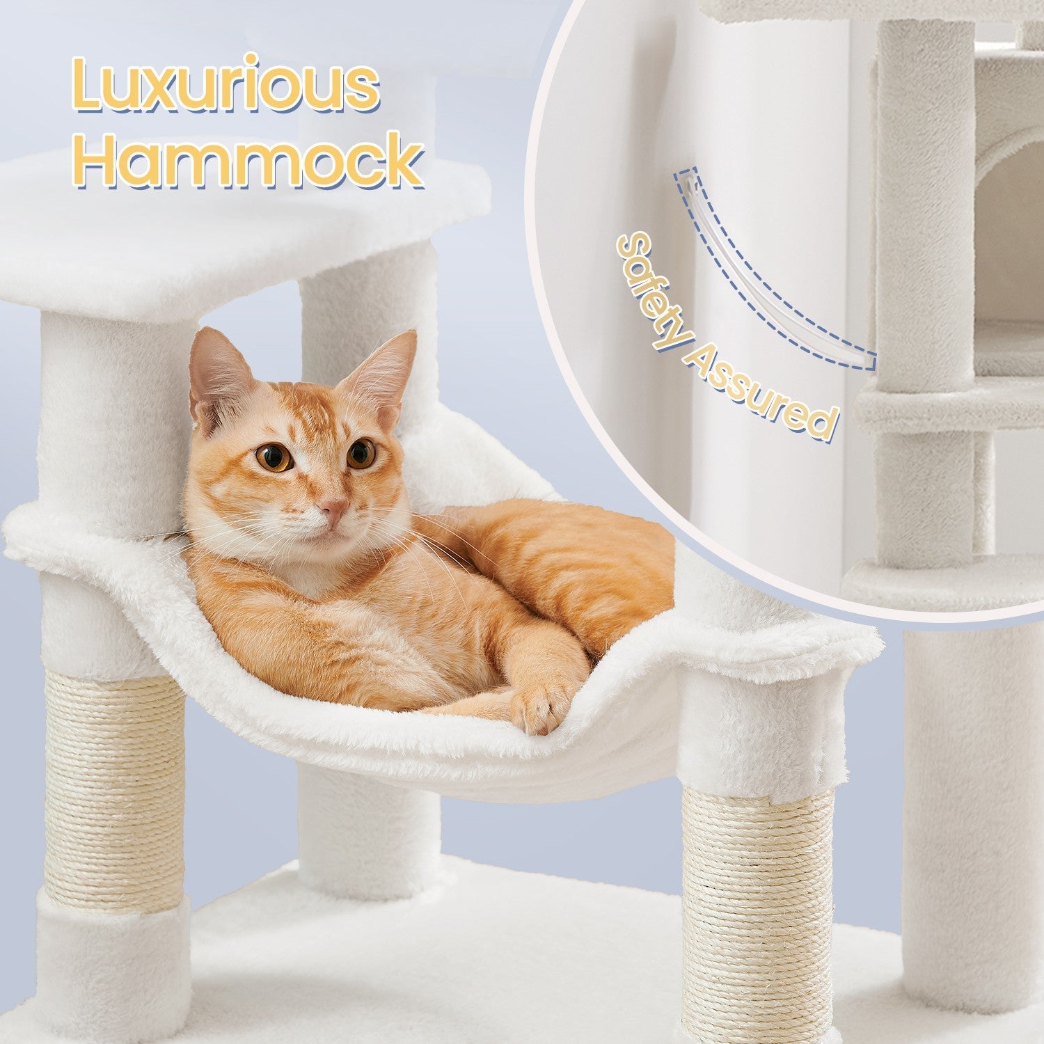 Multi-Level Cat Tree – Engineered Wood – Light Gray/Smoky Gray/Beige/Cream White – Includes 4 Scratching Posts and Hammock