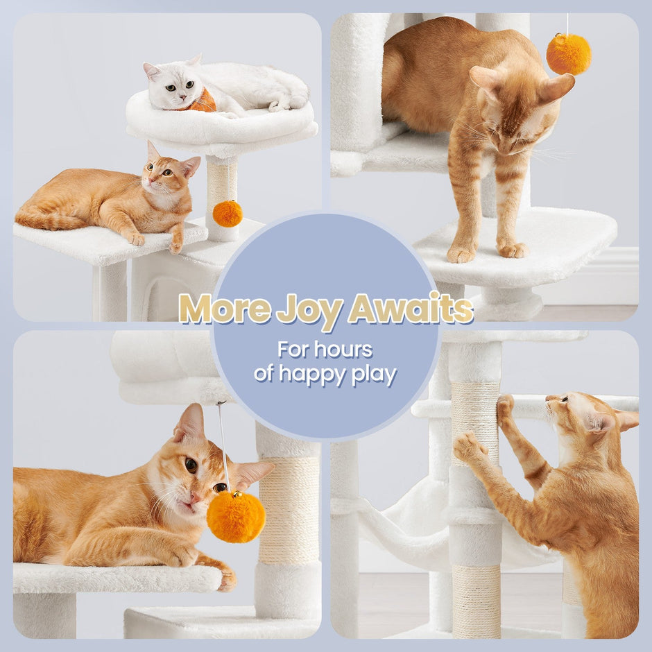 Multi-Level Cat Tree – Engineered Wood – Light Gray/Smoky Gray/Beige/Cream White – Includes 4 Scratching Posts and Hammock