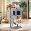 Multi-Level Cat Tree – Engineered Wood – Light Gray/Smoky Gray/Beige/Cream White – Includes 4 Scratching Posts and Hammock