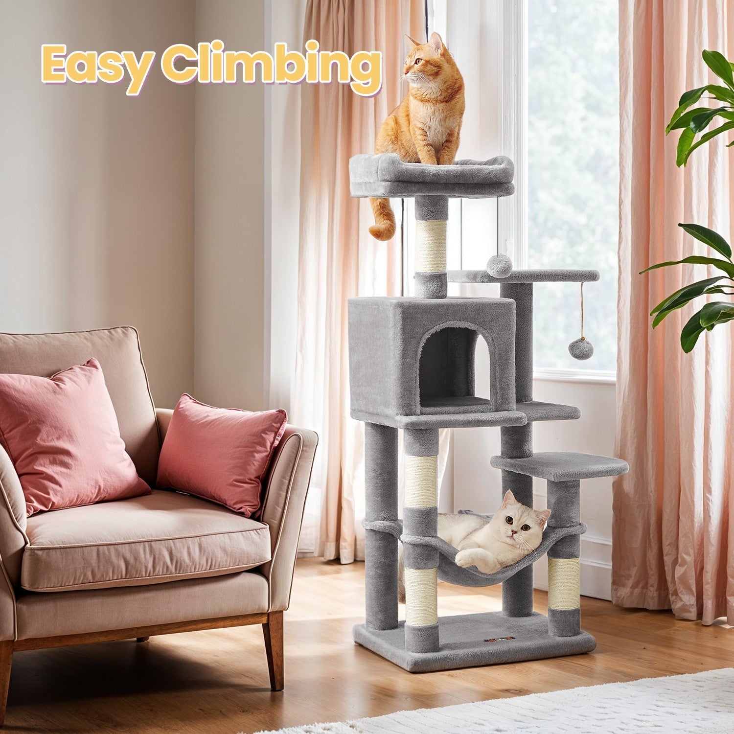 Multi-Level Cat Tree – Engineered Wood – Light Gray/Smoky Gray/Beige/Cream White – Includes 4 Scratching Posts and Hammock