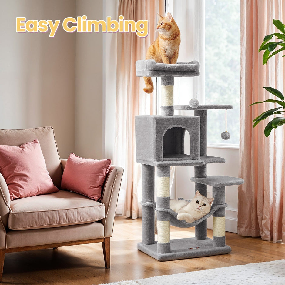 Multi-Level Cat Tree – Engineered Wood – Light Gray/Smoky Gray/Beige/Cream White – Includes 4 Scratching Posts and Hammock