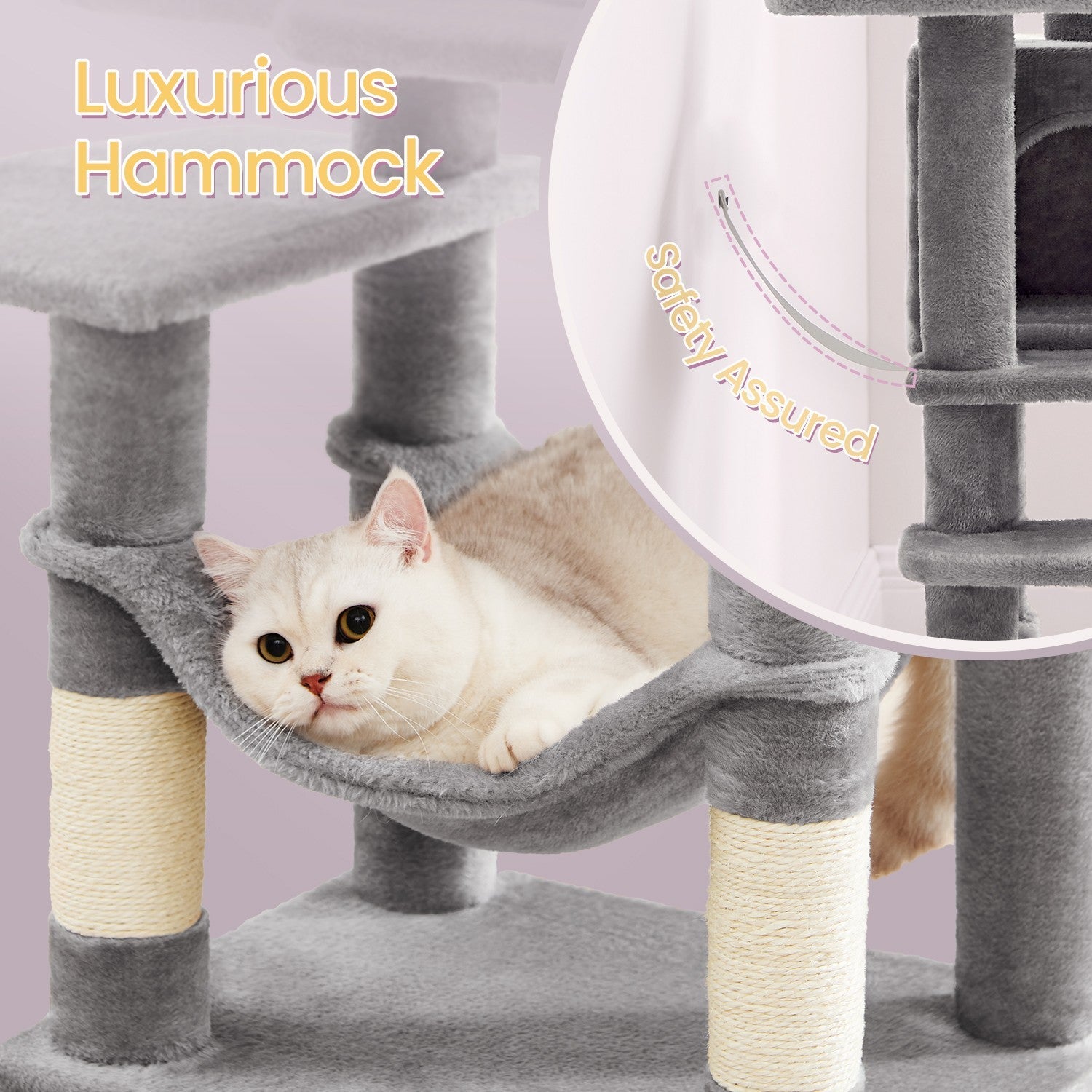 Multi-Level Cat Tree – Engineered Wood – Light Gray/Smoky Gray/Beige/Cream White – Includes 4 Scratching Posts and Hammock
