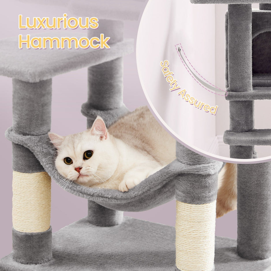 Multi-Level Cat Tree – Engineered Wood – Light Gray/Smoky Gray/Beige/Cream White – Includes 4 Scratching Posts and Hammock