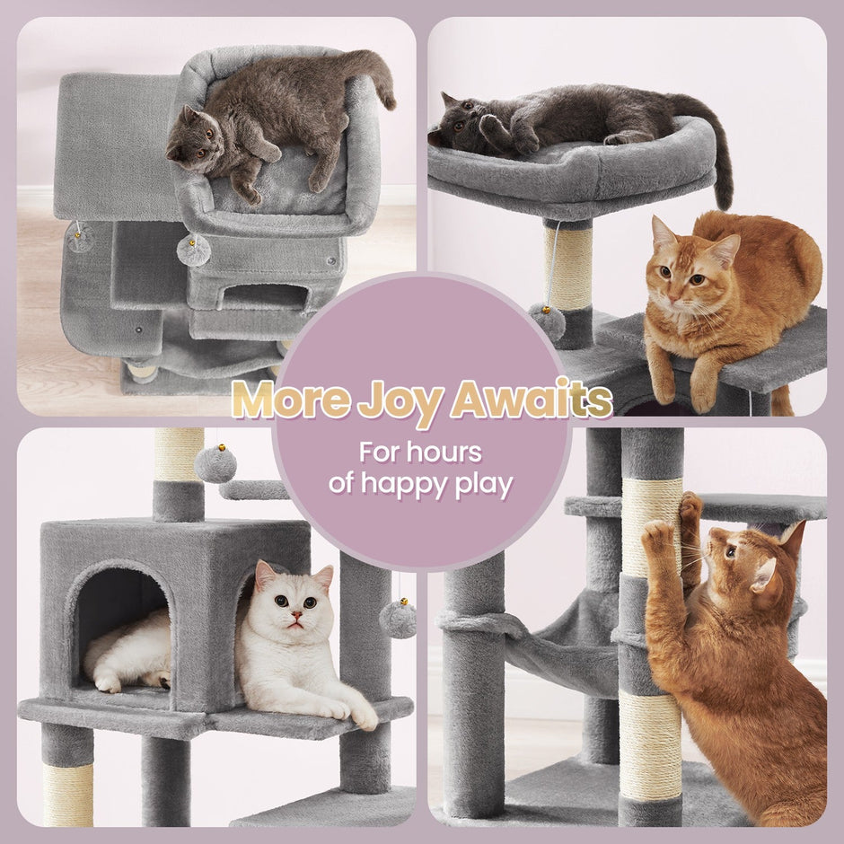 Multi-Level Cat Tree – Engineered Wood – Light Gray/Smoky Gray/Beige/Cream White – Includes 4 Scratching Posts and Hammock