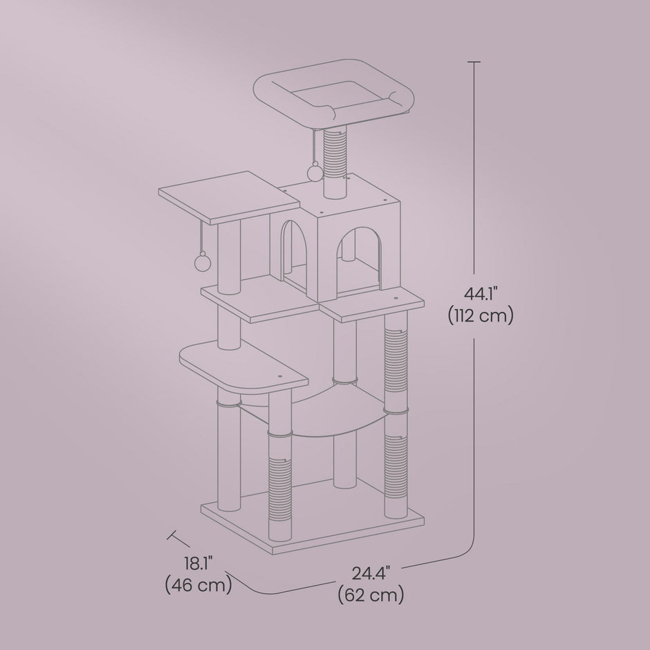 Multi-Level Cat Tree – Engineered Wood – Light Gray/Smoky Gray/Beige/Cream White – Includes 4 Scratching Posts and Hammock