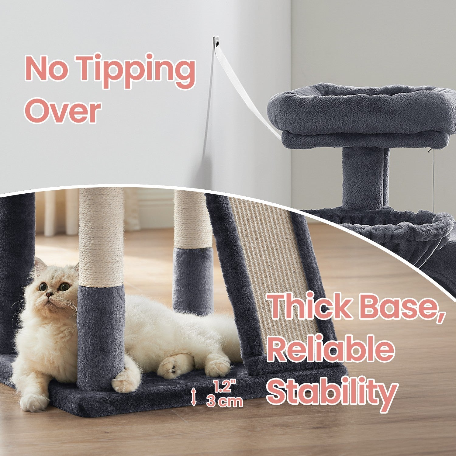 Cat Tree – Engineered Wood – Light Grey – Widened Perch for Large Cats