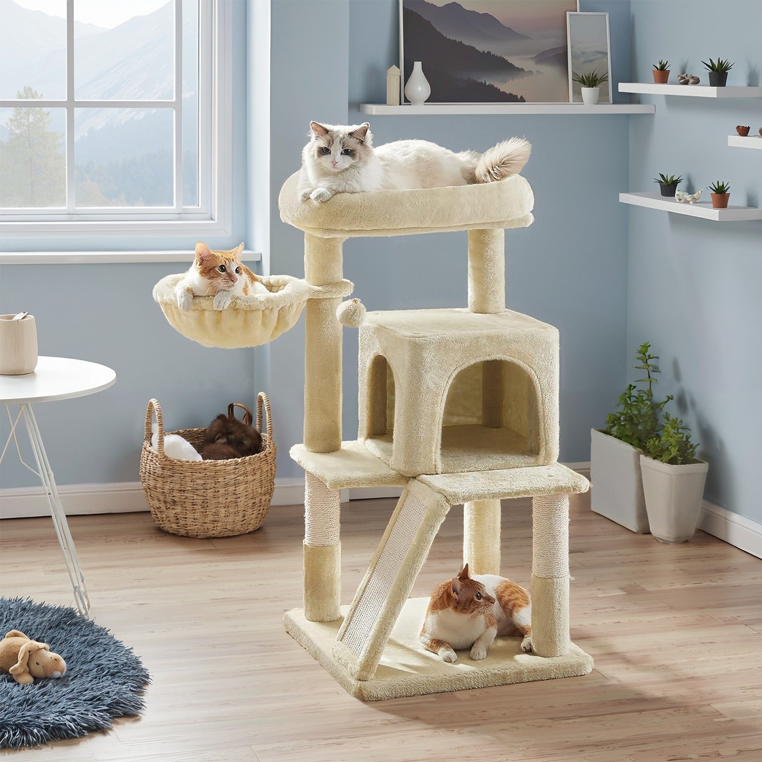 Cat Tree – Engineered Wood – Light Grey – Widened Perch for Large Cats