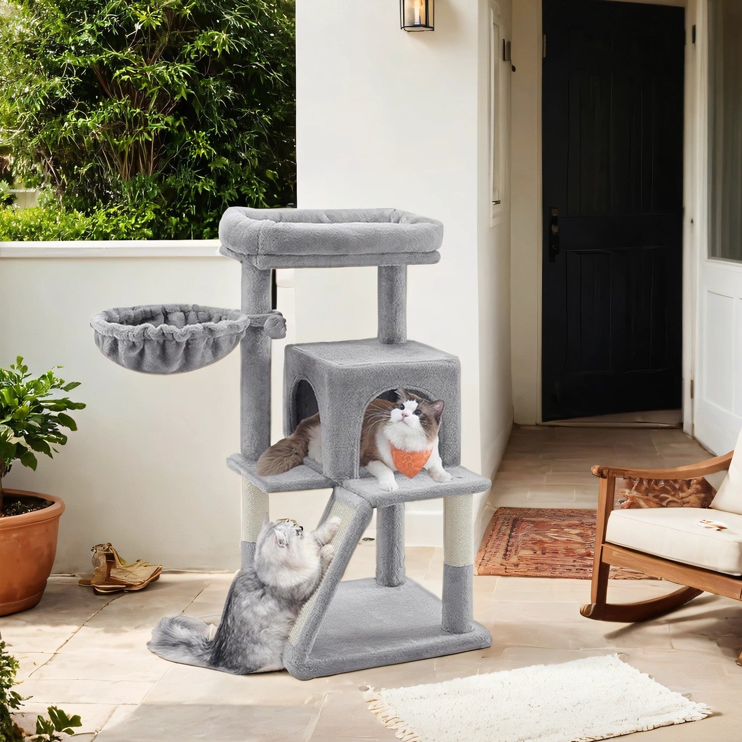 Cat Tree Tower – Engineered Wood – Light Grey – Includes Sisal Scratching Posts