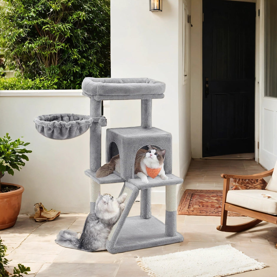 Cat Tree Tower – Engineered Wood – Light Grey – Includes Sisal Scratching Posts