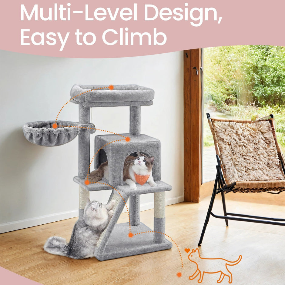 Cat Tree Tower – Engineered Wood – Light Grey – Includes Sisal Scratching Posts
