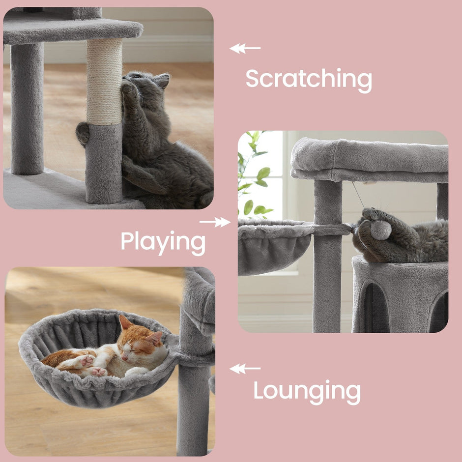 Cat Tree Tower – Engineered Wood – Light Grey – Includes Sisal Scratching Posts