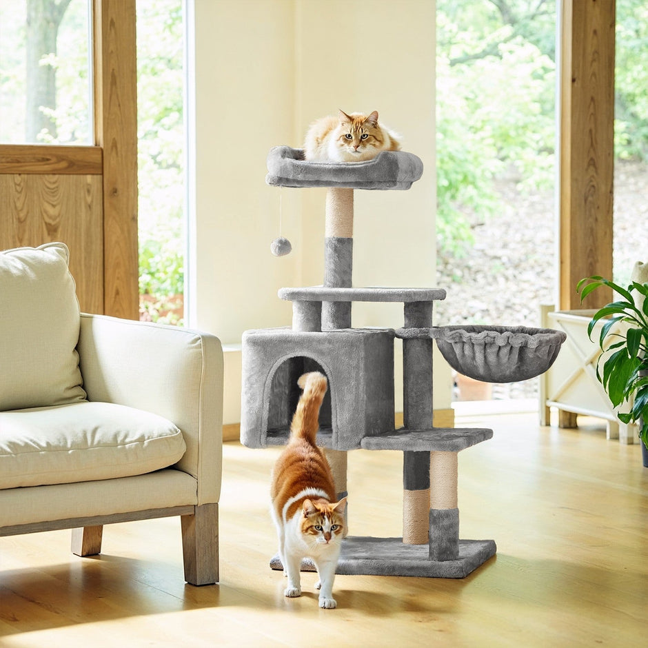 Cat Tree – Engineered Wood – Light Gray – Multilevel Design with Scratching Post
