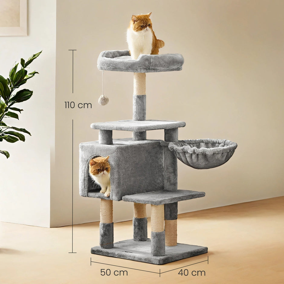 Cat Tree – Engineered Wood – Light Gray – Multilevel Design with Scratching Post