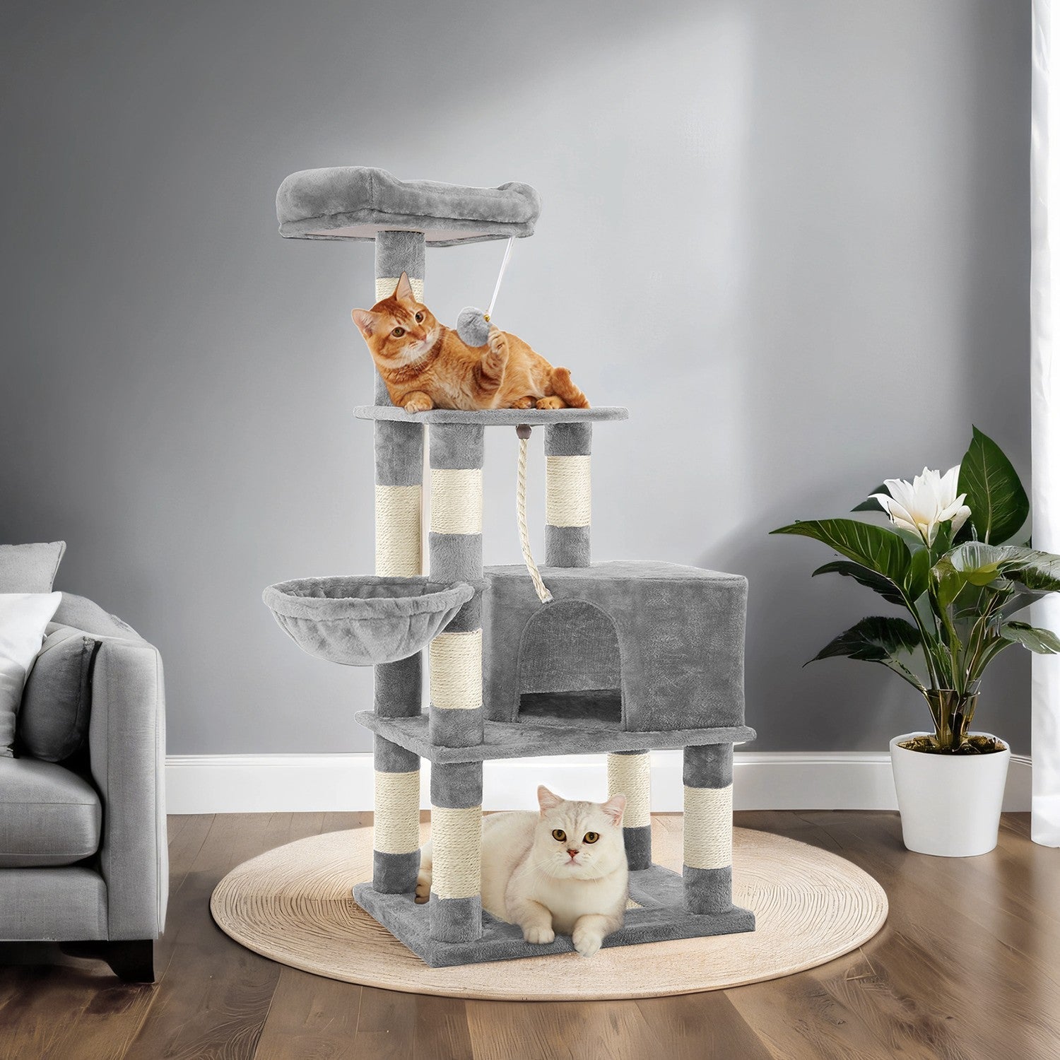 Cat Climbing Tower – Plush Fabric – Light Gray – Includes Condo and Play Basket