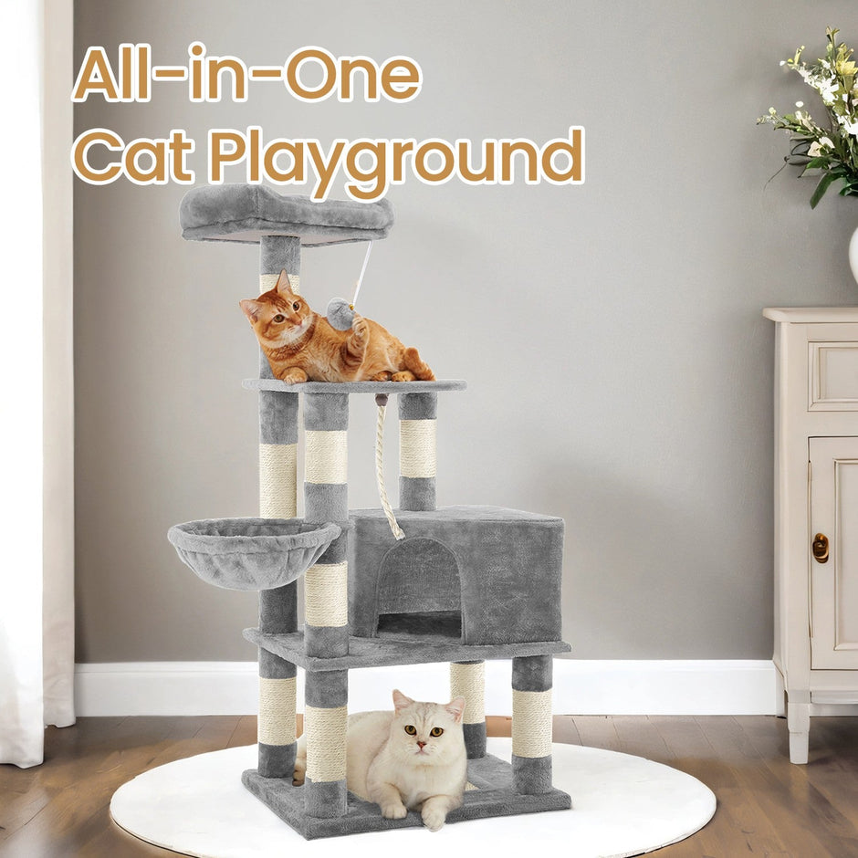 Cat Climbing Tower – Plush Fabric – Light Gray – Includes Condo and Play Basket