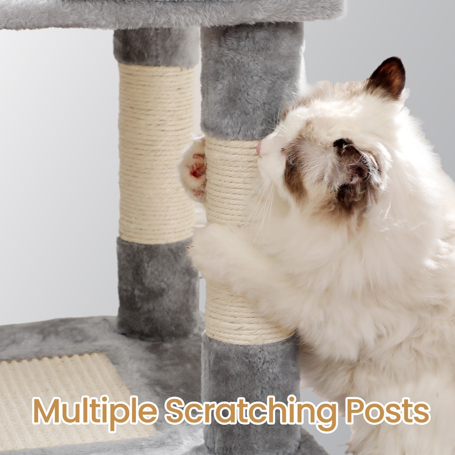 Cat Climbing Tower – Plush Fabric – Light Gray – Includes Condo and Play Basket
