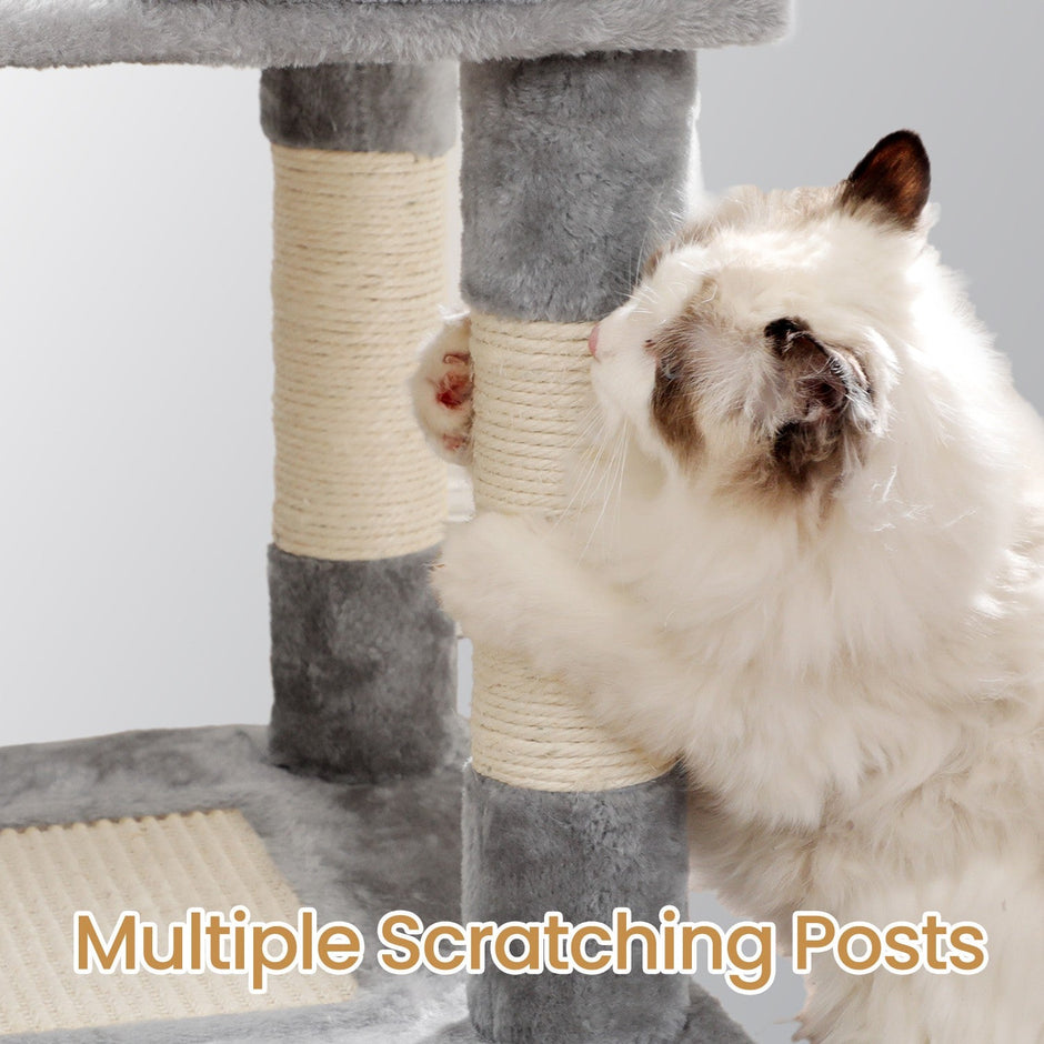 Cat Climbing Tower – Plush Fabric – Light Gray – Includes Condo and Play Basket