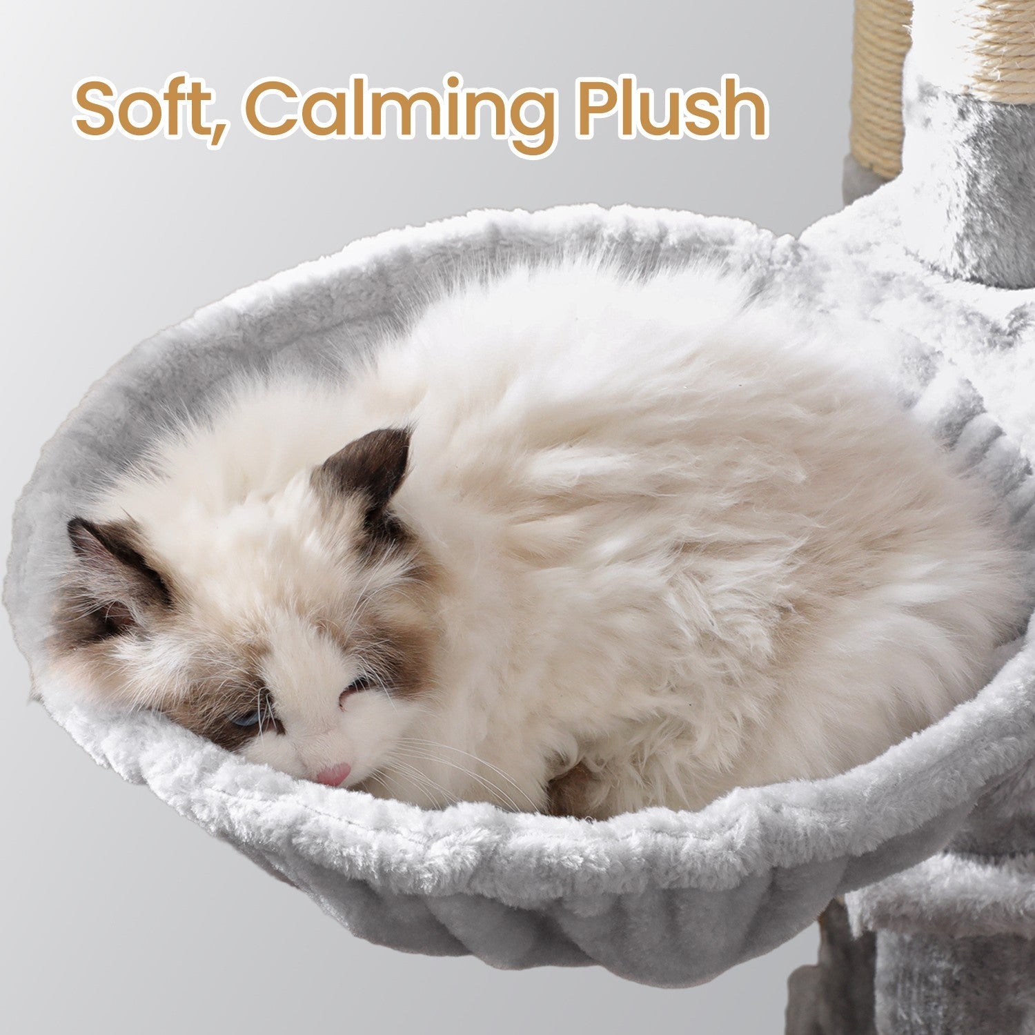 Cat Climbing Tower – Plush Fabric – Light Gray – Includes Condo and Play Basket