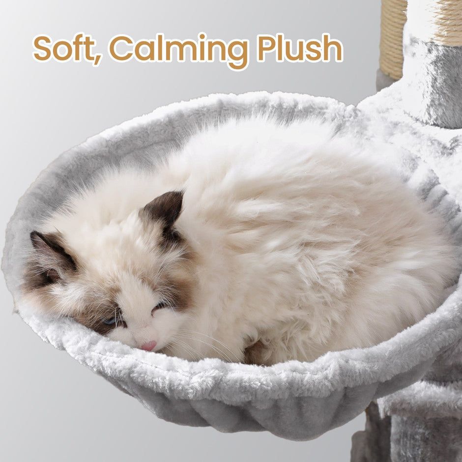 Cat Climbing Tower – Plush Fabric – Light Gray – Includes Condo and Play Basket