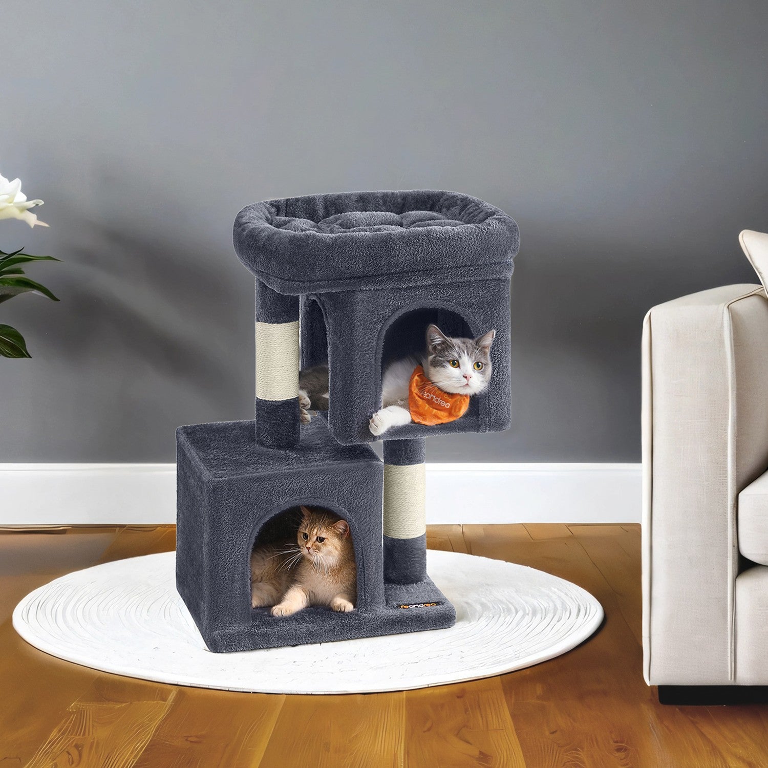 Cat Tree – Wood – Light Grey – Large Perch with Two Cat Caves and Scratching Post