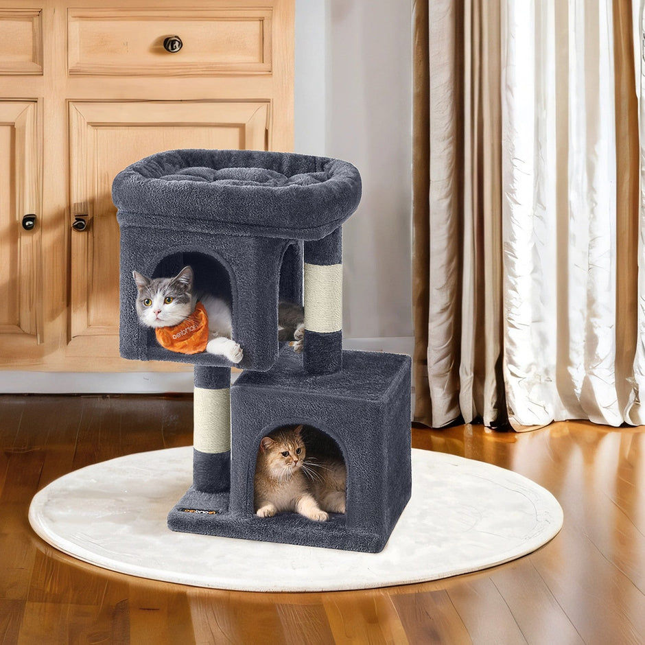 Cat Tree – Wood – Light Grey – Large Perch with Two Cat Caves and Scratching Post