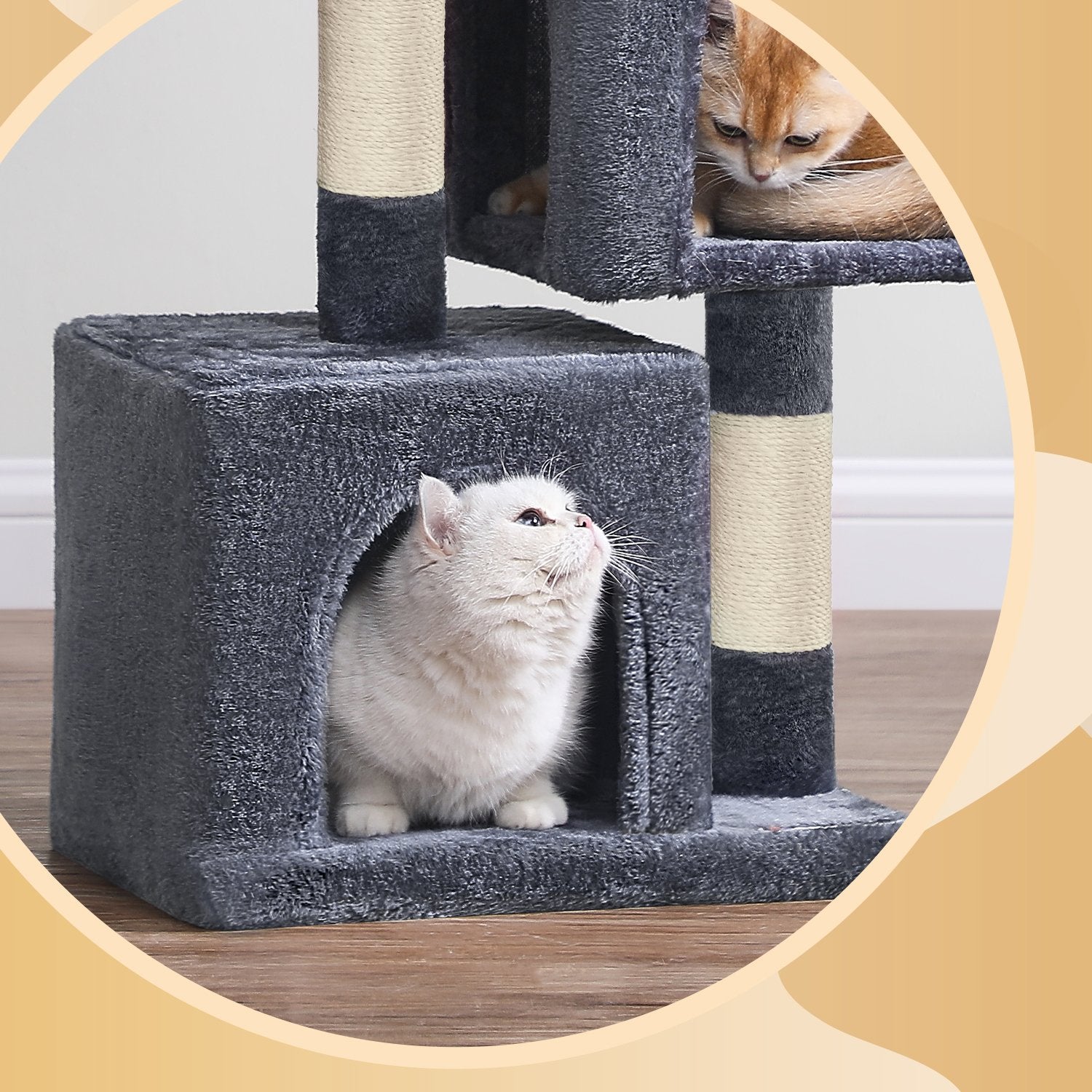Cat Tree – Wood – Light Grey – Large Perch with Two Cat Caves and Scratching Post
