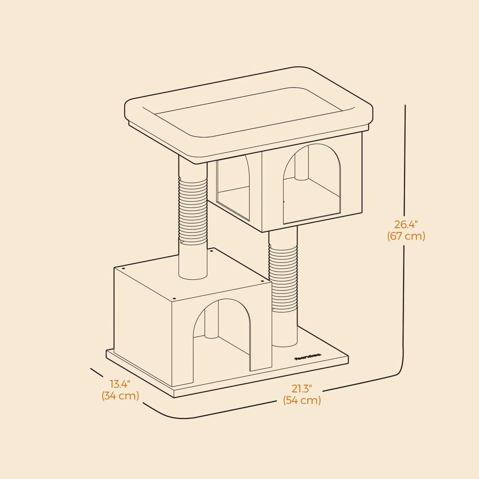 Cat Tree – Wood – Light Grey – Large Perch with Two Cat Caves and Scratching Post
