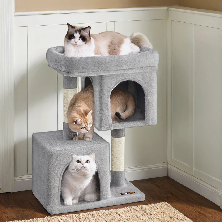 Cat Tree – Wood – Light Grey – Large Perch with Two Cat Caves and Scratching Post