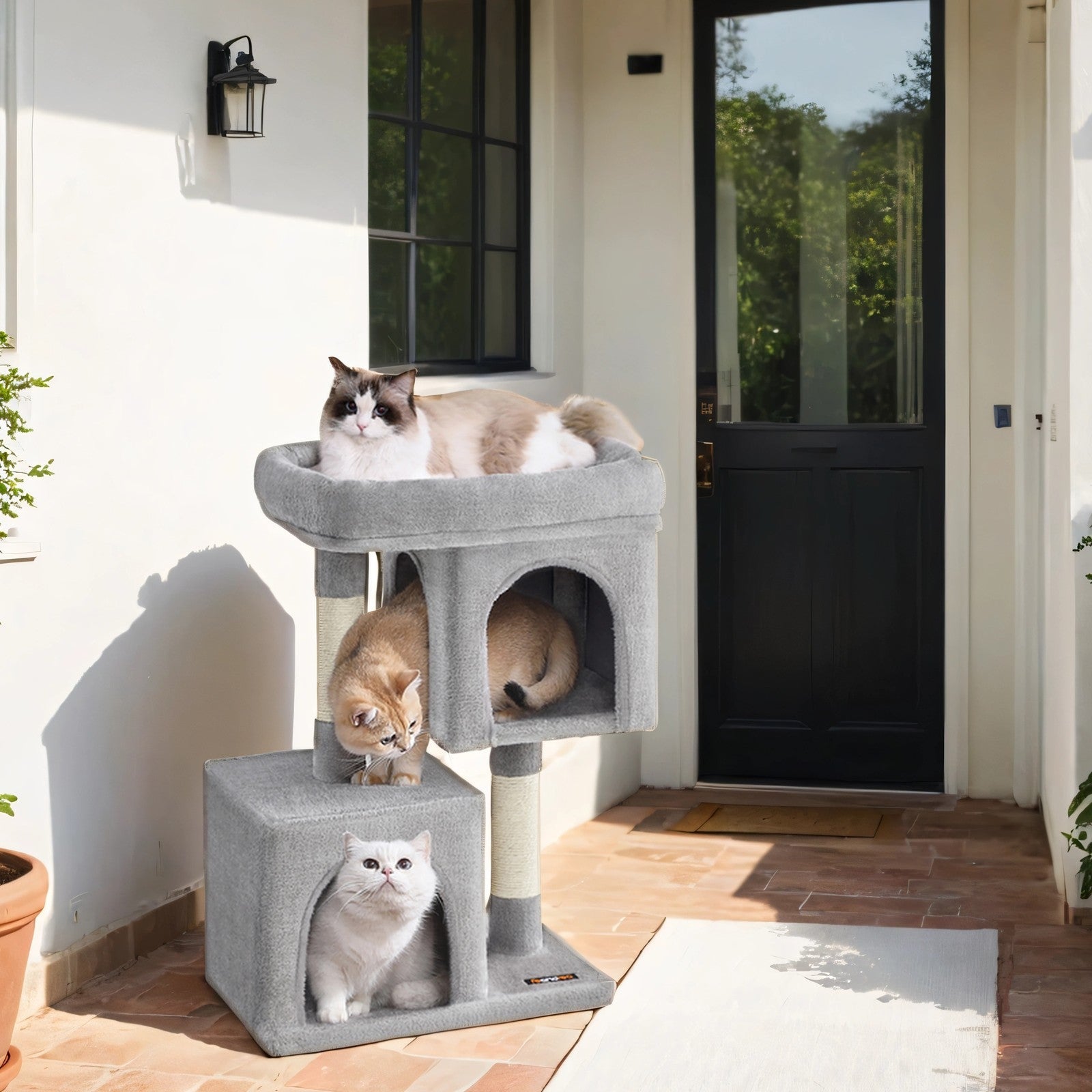 Cat Tree – Wood – Light Grey – Large Perch with Two Cat Caves and Scratching Post