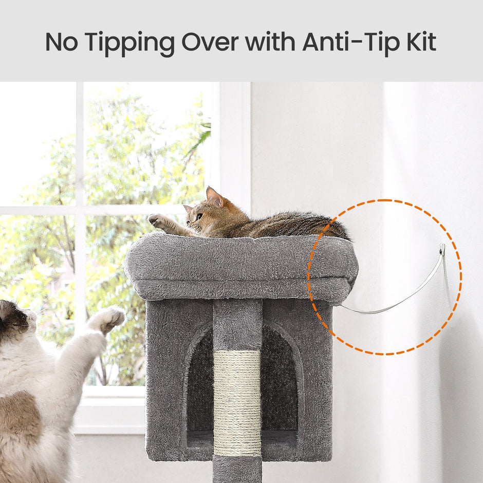 Cat Tree – Wood – Light Grey – Large Perch with Two Cat Caves and Scratching Post